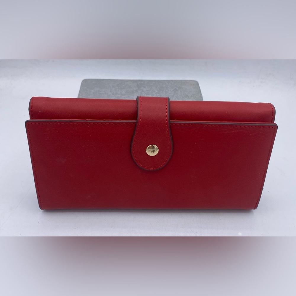 Red Leather Trifold Wallet Clutch with Gold Snap Closure
